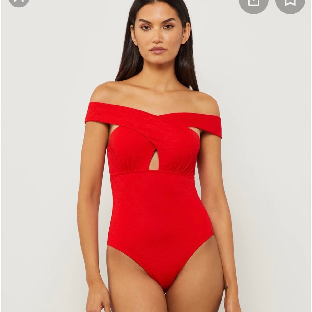ISLA OFF-THE-SHOULDER CROSS FRONT SWIMSUIT.BCBGMaxazria. Size 8. Like new.